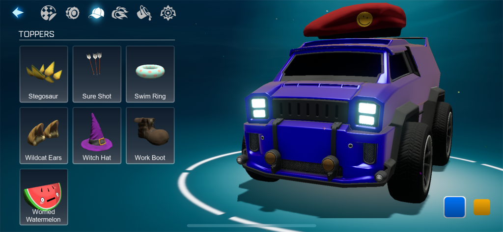 Rocket League Sideswipe - Menú de garaje de Rocket League Sideswipe con opciones de personalización de adornos para coches