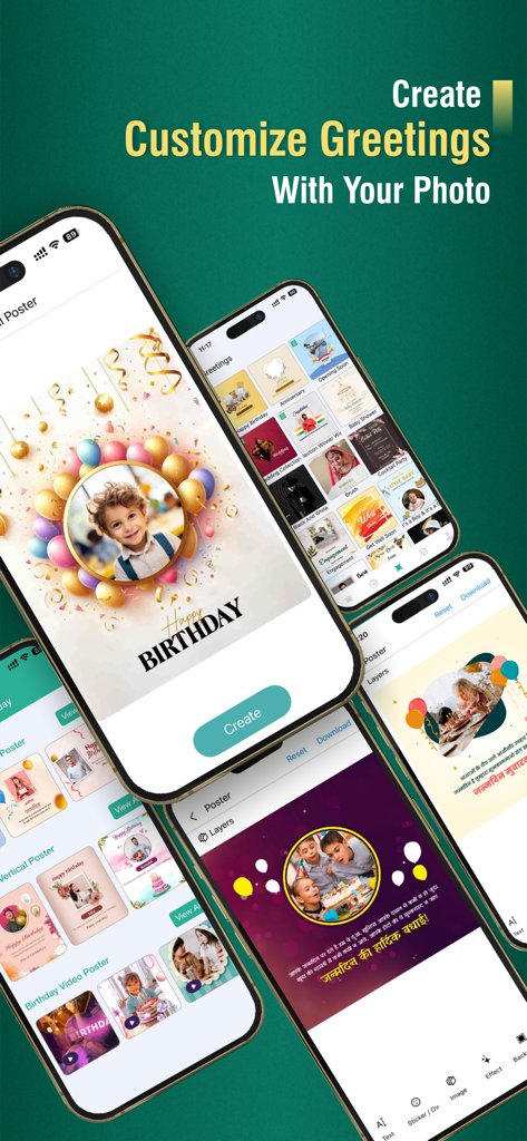 Mobile app screens showing various customized birthday and festival greeting templates with personal photos.