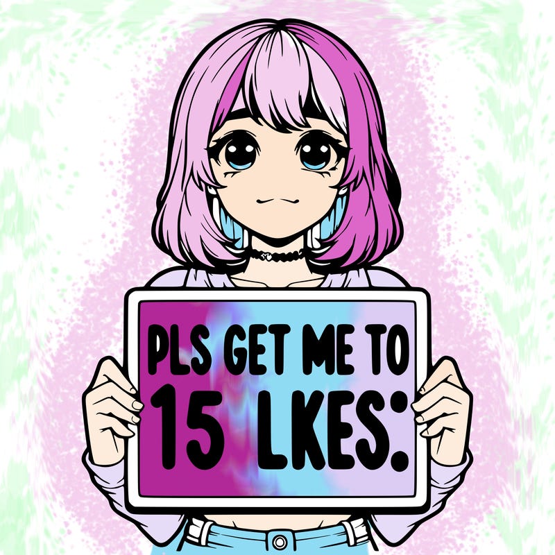 realistic girl holding up a sign that says “pls get me to 15 likes!”