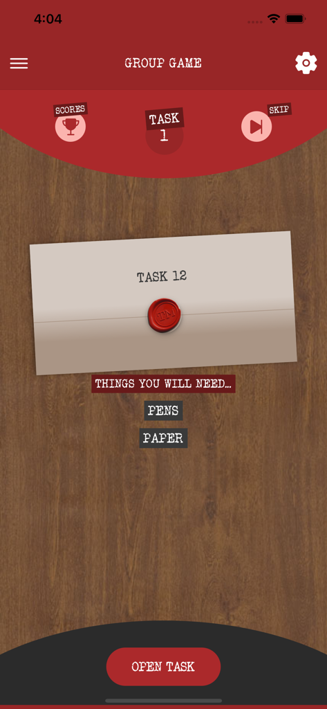 Taskmaster The App - A screenshot of the Taskmaster app group game interface showing a sealed task card and required items including pens and paper