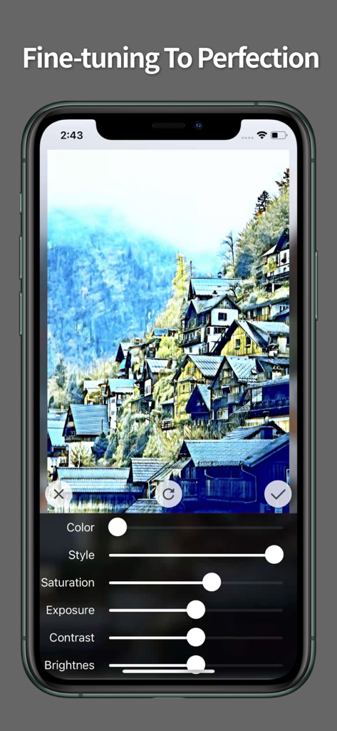 TensorArt - AI photo Editor - Ein Smartphone-Bildschirm zeigt die TensorArt-App mit Bearbeitungsreglern zur Feinabstimmung eines künstlerischen Dorf-Fotos