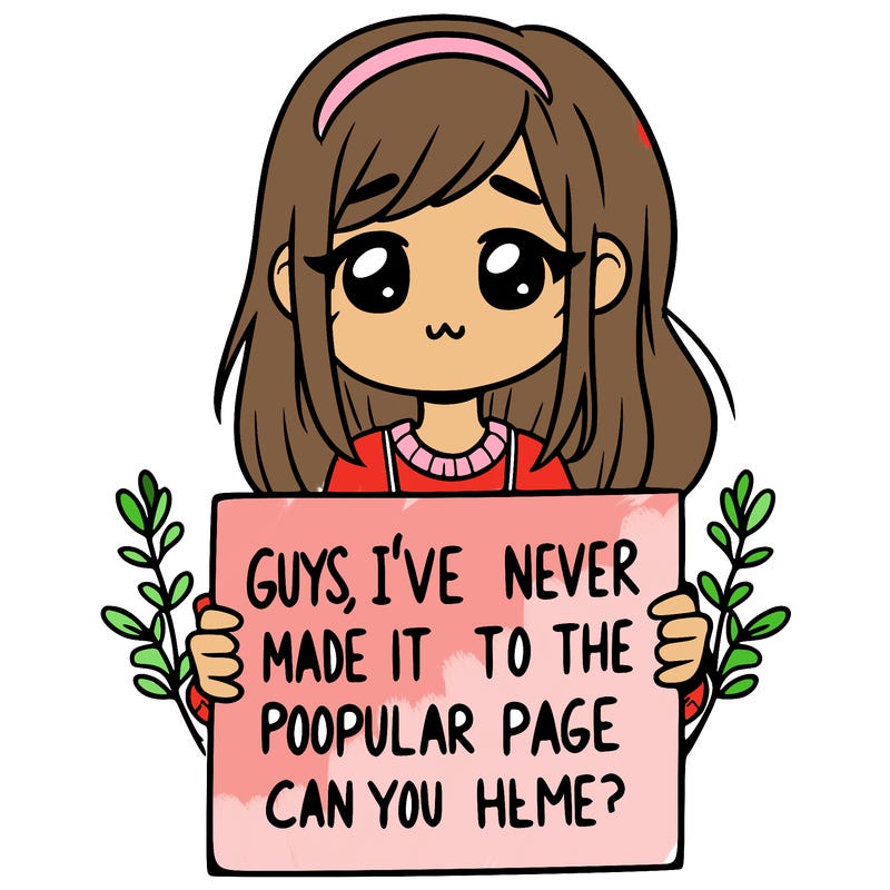 a girl holding up a sign that says, guys, i’ve never made it to the popular page, can you help me?