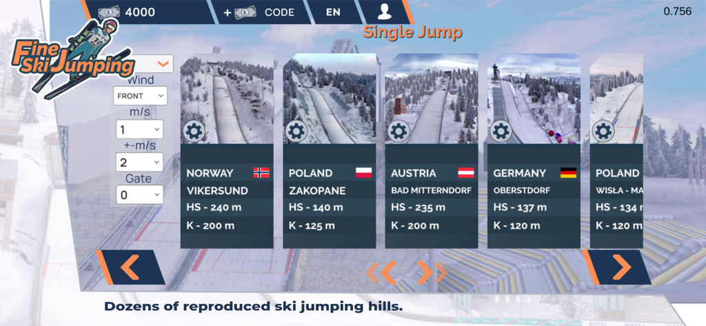 Fine Ski Jumping - 노르웨이, 폴란드, 오스트리아, 독일의 현실적인 스키 점프 언덕을 보여주는 Fine Ski Jumping 메뉴 화면