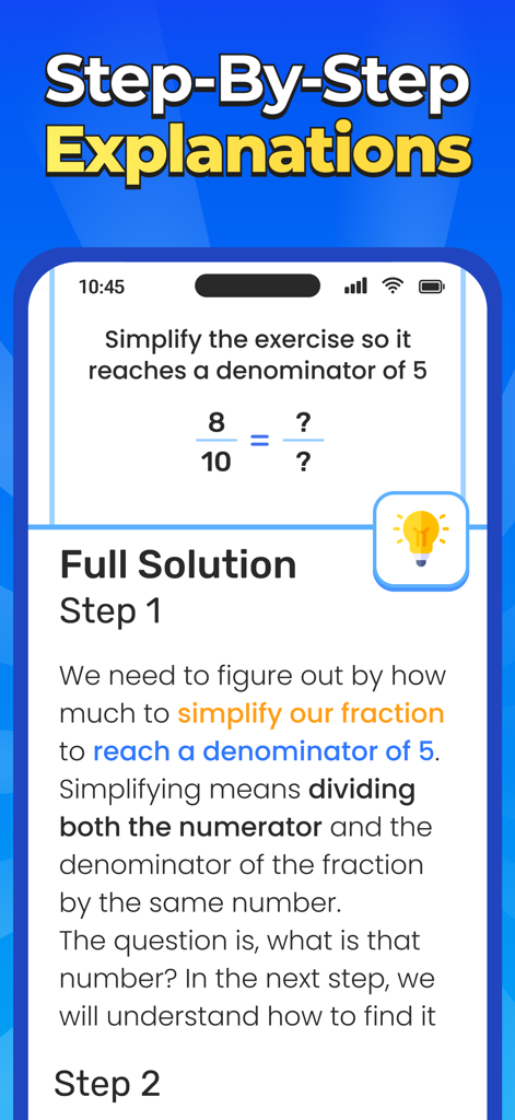 Step by step math problem explanation showing how to simplify a fraction within the Go Math app interface