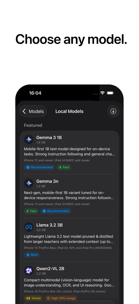 Local AI Chat - pocket - Interface of the Local AI Chat - pocket app displaying a list of selectable local AI models including Gemma and Llama