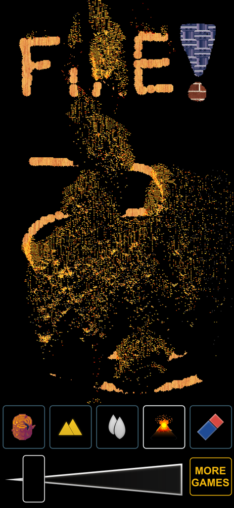 Sand in a Box: Magic Pixel Art - A mobile game screen showing particle physics with the word FIRE spelled out in sand and creative tools at the bottom.