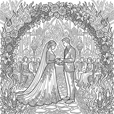 Experience the heat of romance with our unique 'Burning Love' wedding ceremony coloring page. Witness a couple exchanging vows amidst a dramatic backdrop of stylized flames and elegant floral details, promising an unforgettable coloring adventure.