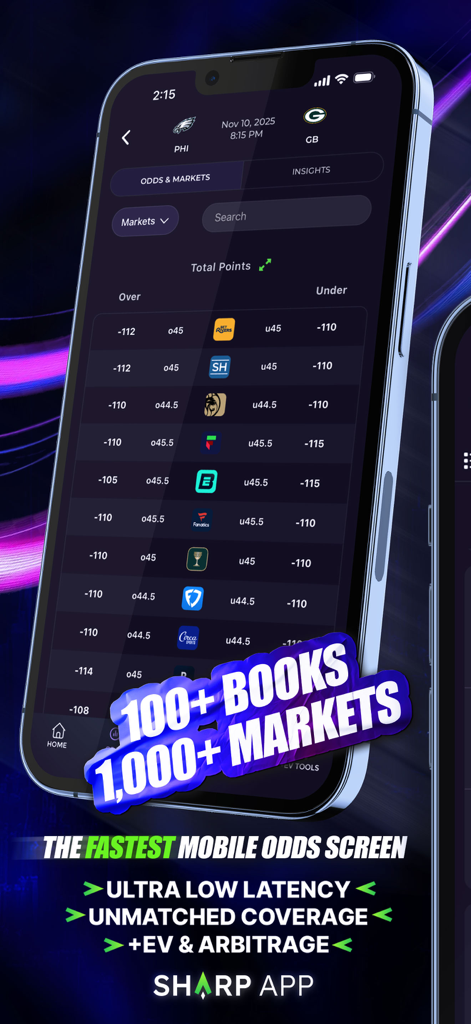 Sharp App: Sports Betting - Pantalla móvil de Sharp App mostrando cuotas de apuestas deportivas en tiempo real de múltiples casas de apuestas para un partido entre los Philadelphia Eagles y los Green Bay Packers.