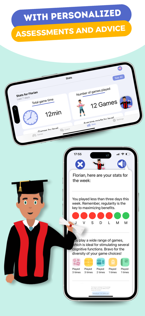 CLINT, your brain coach - Weekly progress report and personalized cognitive assessments in the CLINT brain coach app.