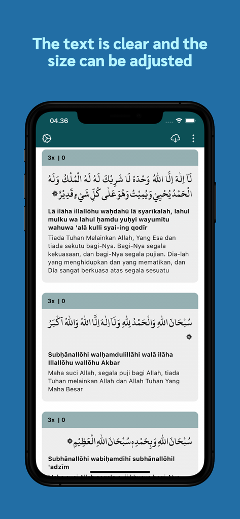 Uma tela de smartphone mostrando orações de Ratib Al Haddad com texto em árabe e tradução.