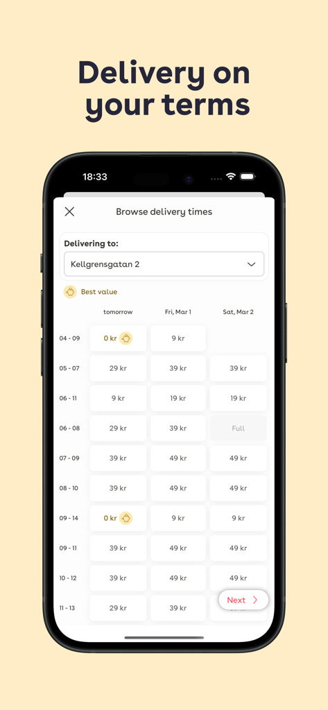 Mathem app interface for selecting grocery delivery dates and time slots with corresponding fees.
