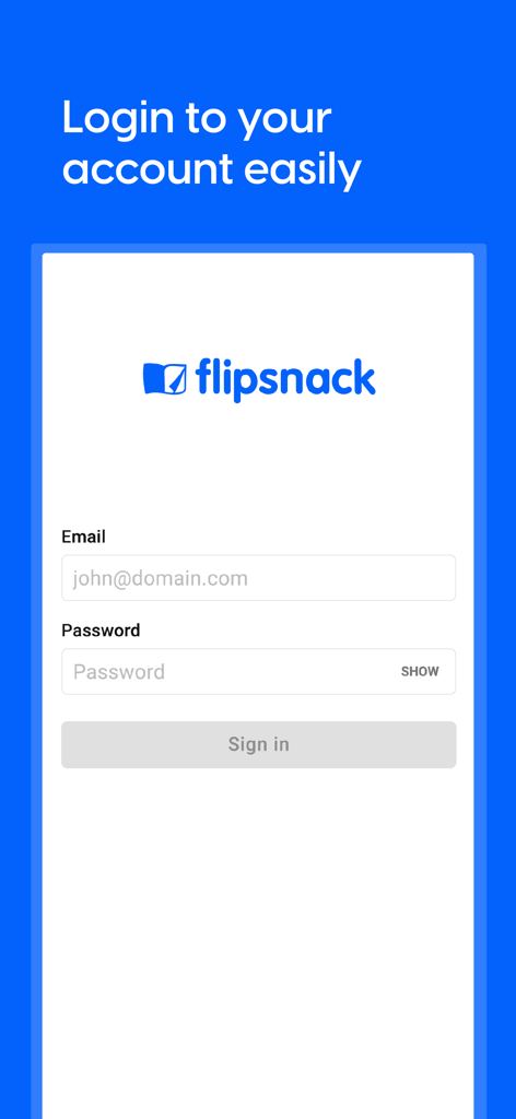 Flipsnack App-Anmeldebildschirm mit Eingabefeldern für E-Mail und Passwort