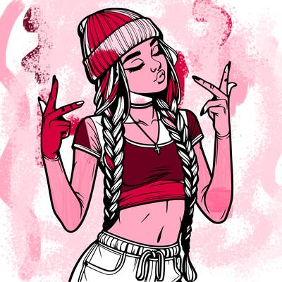 realistic teenage girl with braids and a beanie and crop top doing 🫶🏼