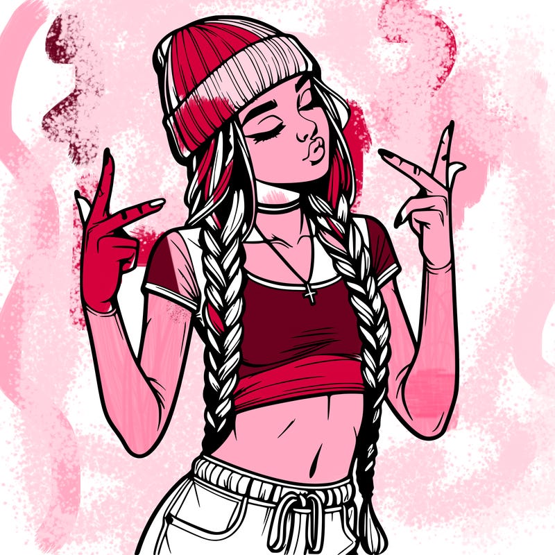 realistic teenage girl with braids and a beanie and crop top doing 🫶🏼