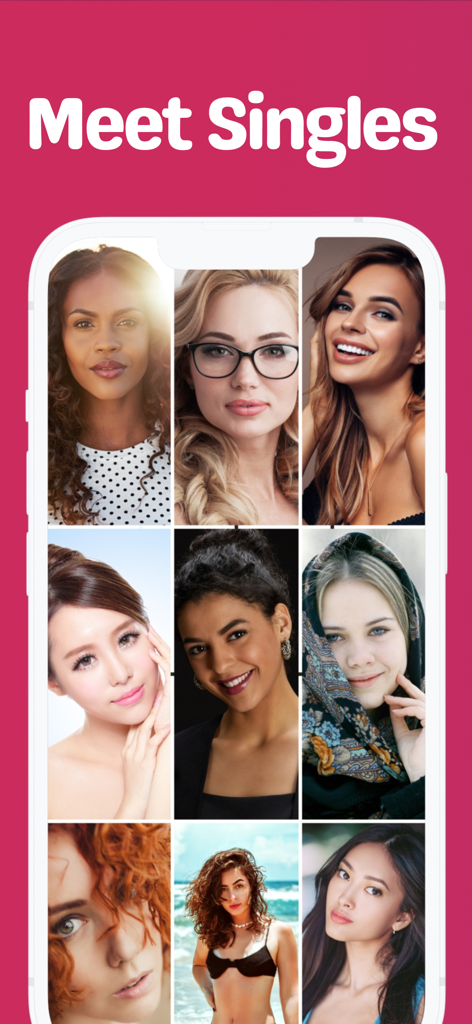 INTL - International Dating - International dating app screen showing a grid of diverse singles and the text Meet Singles