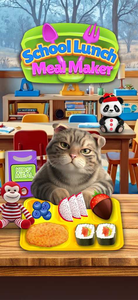 School Lunch Food Meal Maker - Um gato sentado em uma carteira escolar com uma bandeja de almoço contendo sushi, frutas e frutas vermelhas