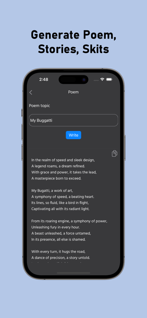Interface do aplicativo móvel mostrando um poema gerado por IA sobre um Bugatti