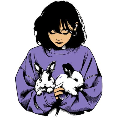 realistic girl with messy bunny baggy sweatshirt and holding bunnies