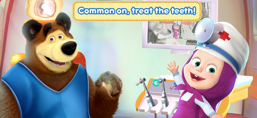 Masha and the Bear Dentist - Masha dressed as a dentist with Bear in a dentist chair