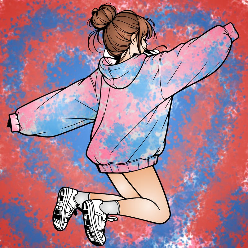 realistic girl jumping with a bun and oversized sweatshirt