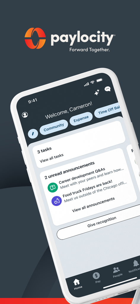 Paylocity - Paylocity mobile app dashboard showing employee tasks and company announcements