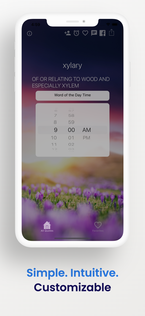 Word of the Day ‎ - Interface do aplicativo Palavra do Dia mostrando a palavra 'xylary' com um seletor de horário de notificação sobre um fundo floral