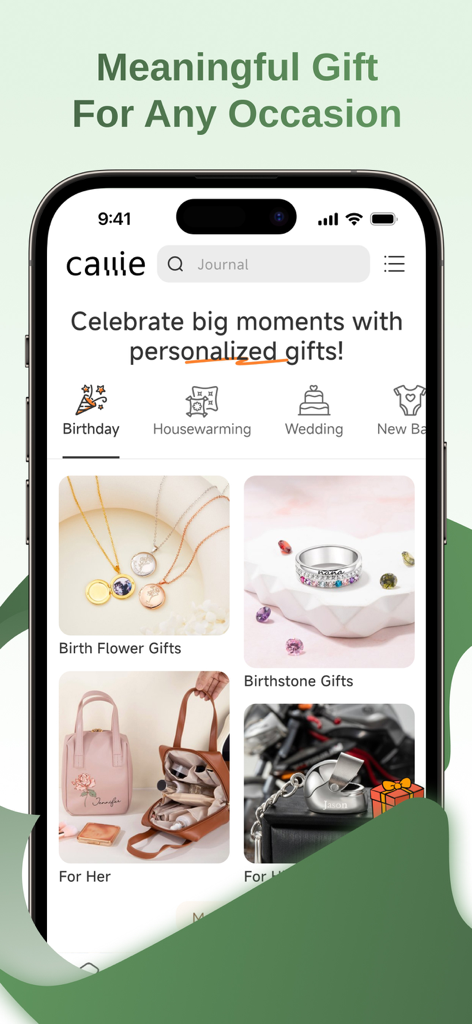 The home screen of the Callie app featuring personalized gift collections for different occasions