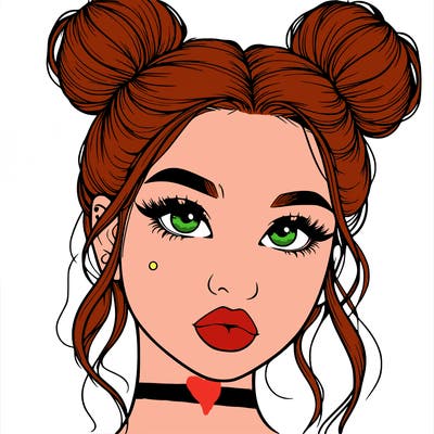 realistic girl with two buns on her hair and lips
