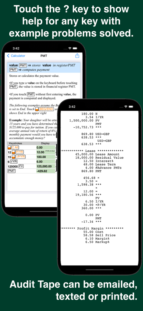 10BII Calc HD - 10BII Calc HD app showing help for financial functions and the audit tape