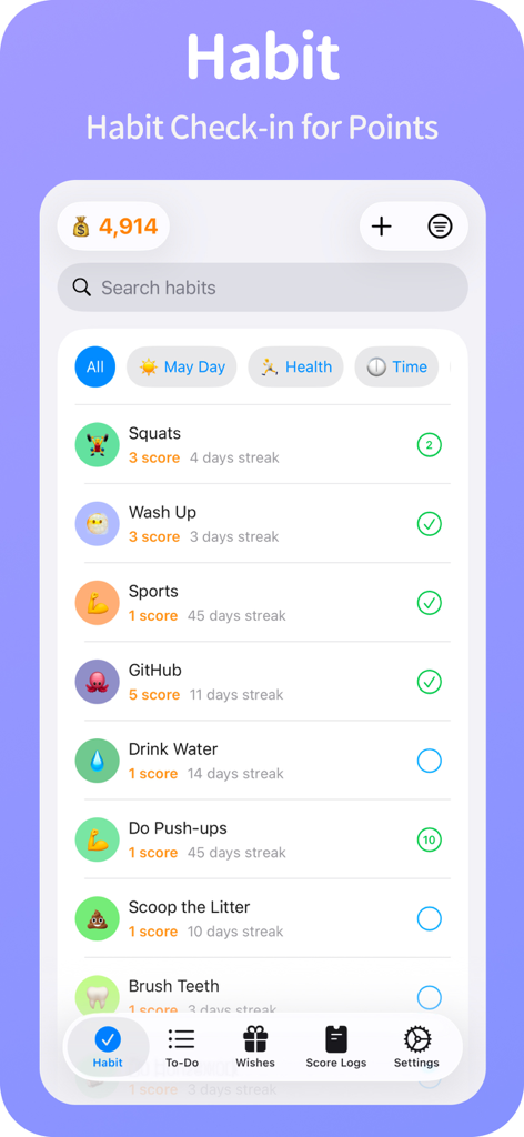 BetterWe - Habit Todo Wish - BetterWe app interface showing a list of daily habits with a point-based reward system