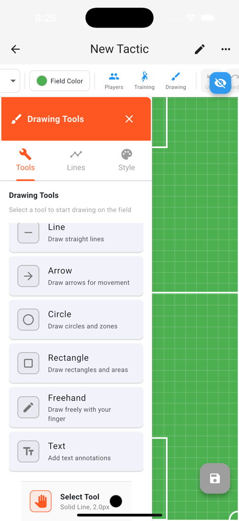 Soccer Tactics Board Pro - Advanced drawing tools menu in the soccer tactics app showing options for arrows shapes and freehand lines on a digital pitch