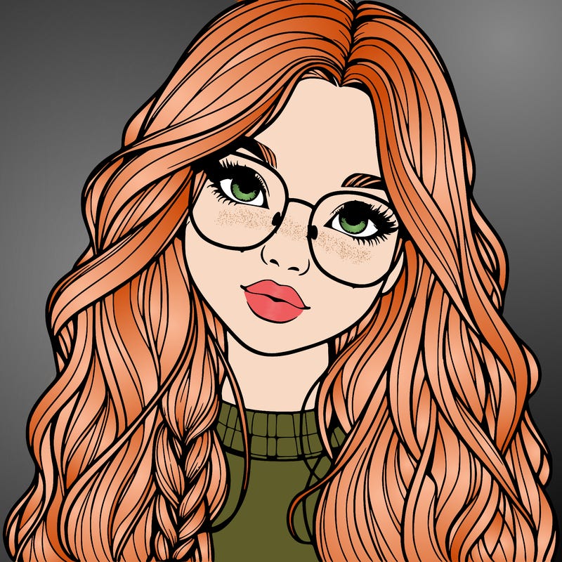 girl with long hair and freckles and glasses realistic