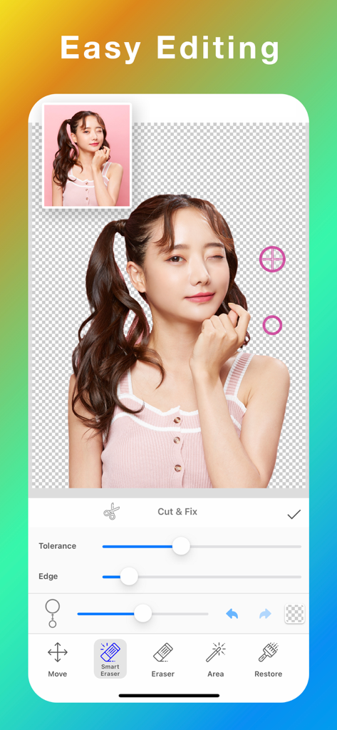 Background Eraser: Bg Remover+ - Mobile app interface showing a portrait of a woman with the background removed using manual editing tools like Smart Eraser and Restore