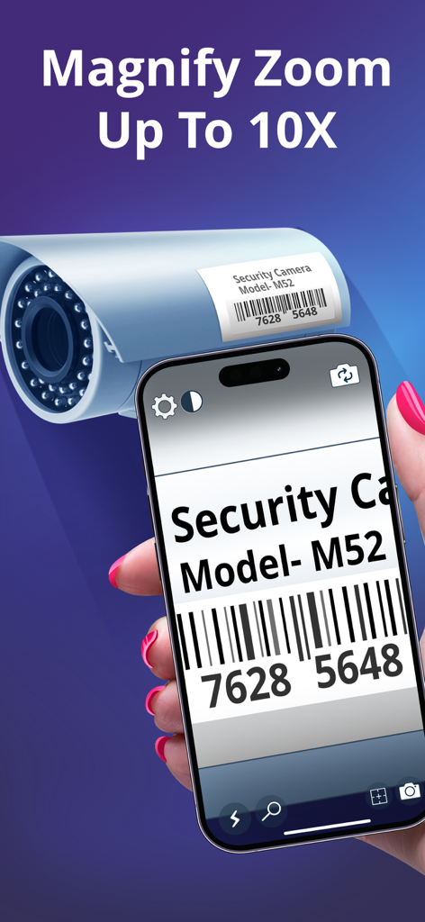Aplicación de lupa ampliando una etiqueta de cámara de seguridad