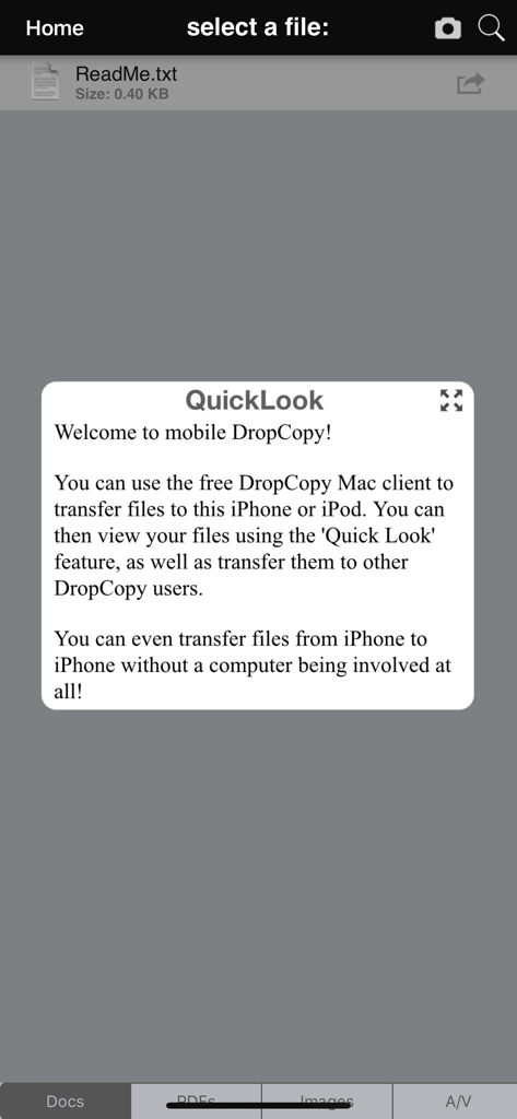 DropCopy app interface on iPhone showing the welcome screen and file transfer options