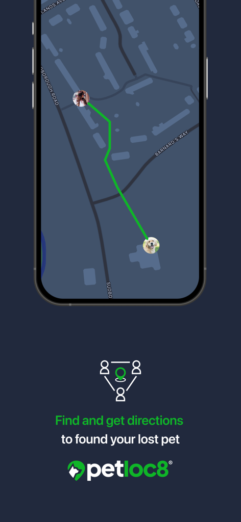 Petloc8 - Petloc8 App zeigt eine Karte mit Anweisungen zur Lokalisierung eines verlorenen Hundes