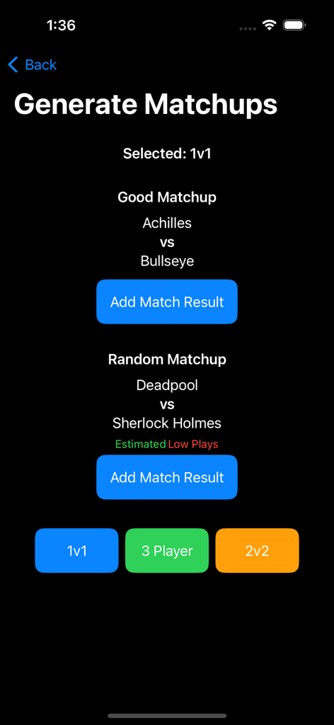 Unmatched Matcher - A screen from the Unmatched Matcher app showing 1v1 character matchup suggestions like Achilles versus Bullseye