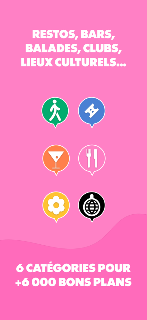 Le Bonbon - 街のスポットやお得な情報を見つけるためのLe Bonbonアプリのさまざまなアクティビティカテゴリを表す6つのマップピン。