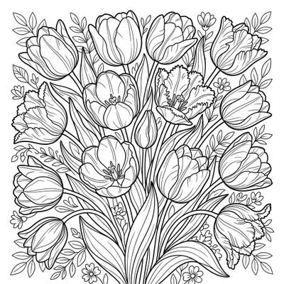 Discover the joy of coloring with our exquisite Red Tulips template, featuring a stunning bouquet ready for your artistic touch. This intricate design promises hours of relaxing creativity as you bring these beautiful flowers to life with color.
