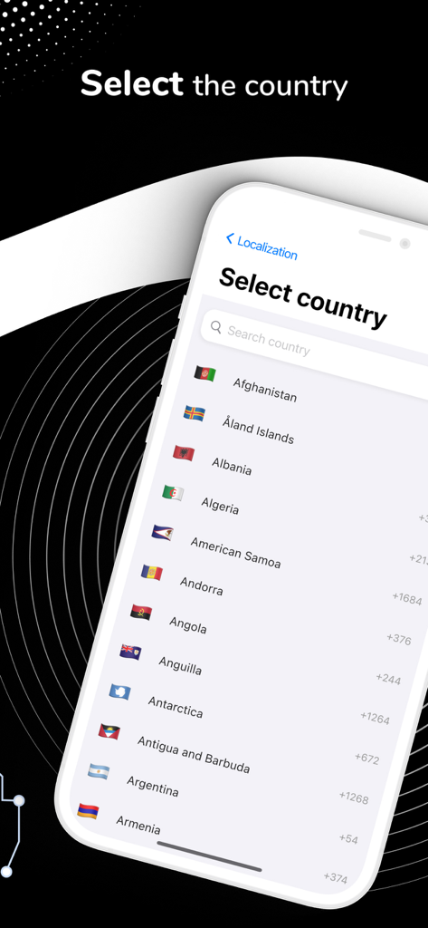 Interfaz para seleccionar un país en la aplicación Rastreador de Teléfono GPS