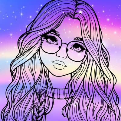 girl with long hair and freckles and glasses realistic