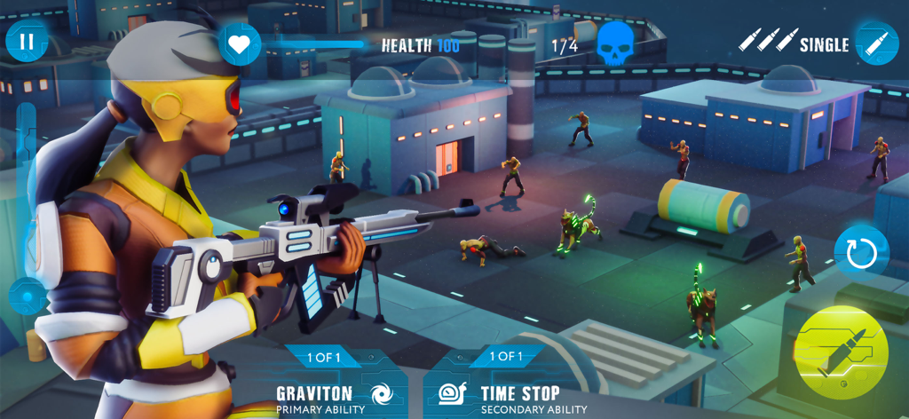 Zombie Survival Sniper Games - A futuristic sniper character aims a high-tech rifle at zombies and mutant dogs in a sci-fi industrial setting.