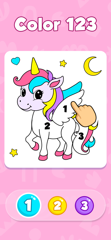 Baby Coloring book for Kids 3y - Una pantalla de colorear por número de una aplicación para niños pequeños con un unicornio lindo con secciones numeradas y botones de colores
