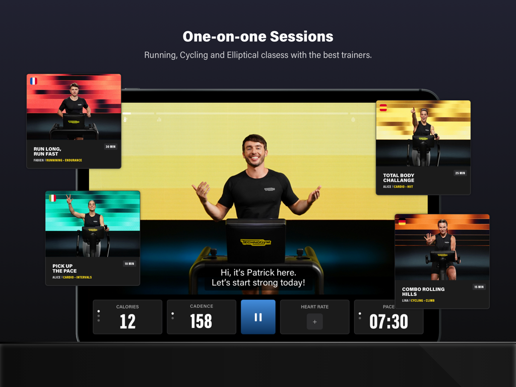 Technogym Live - iPad screen displaying Technogym Live one on one trainer sessions with real time fitness tracking metrics