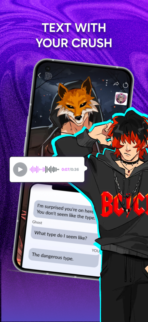 Dorian: Romantasy Games Hub - Uma interface de mensagens interativa no Dorian Romantasy Games Hub apresentando um bate-papo de personagem e mensagem de voz