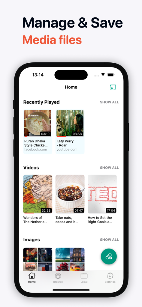 Startbildschirm von Video Saver PRO, der eine Medienbibliothek mit organisierten Videos und Bildern zeigt