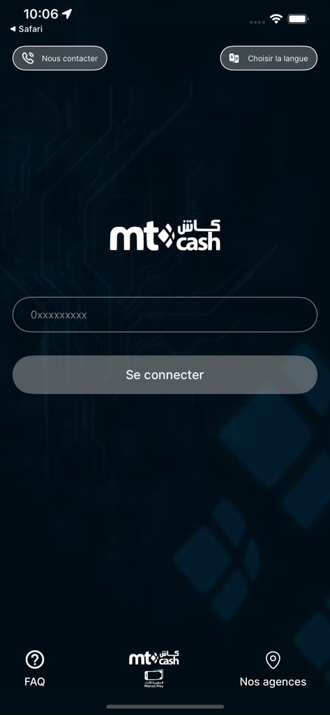 Login screen of the MT Cash mobile app featuring a phone number input field and sign in button