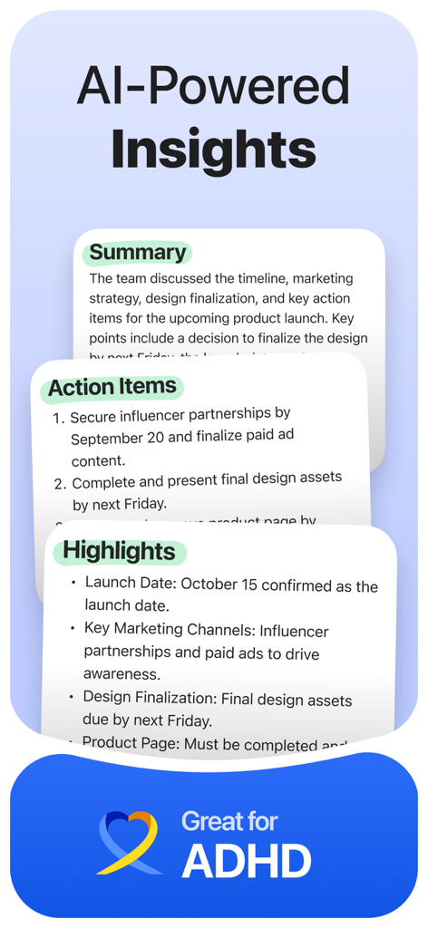 Echo – AI Meeting Note Taker - Interface of Echo app showing AI generated meeting summaries action items and highlights for productivity and ADHD support