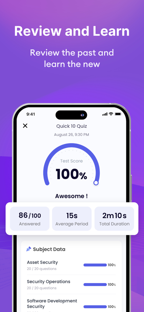 CISSP Exam Prep 2026 - A mobile screen from the CISSP Exam Prep 2026 app displaying a 100 percent test score and subject performance metrics.