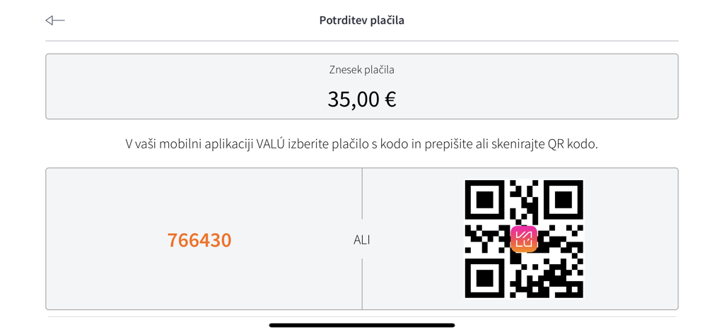 mTerminal payment confirmation screen showing a transaction amount of 35 Euros with a numeric code and a QR code for scanning.